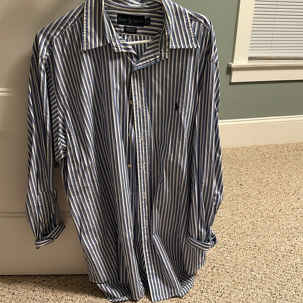 blue and white striped button up